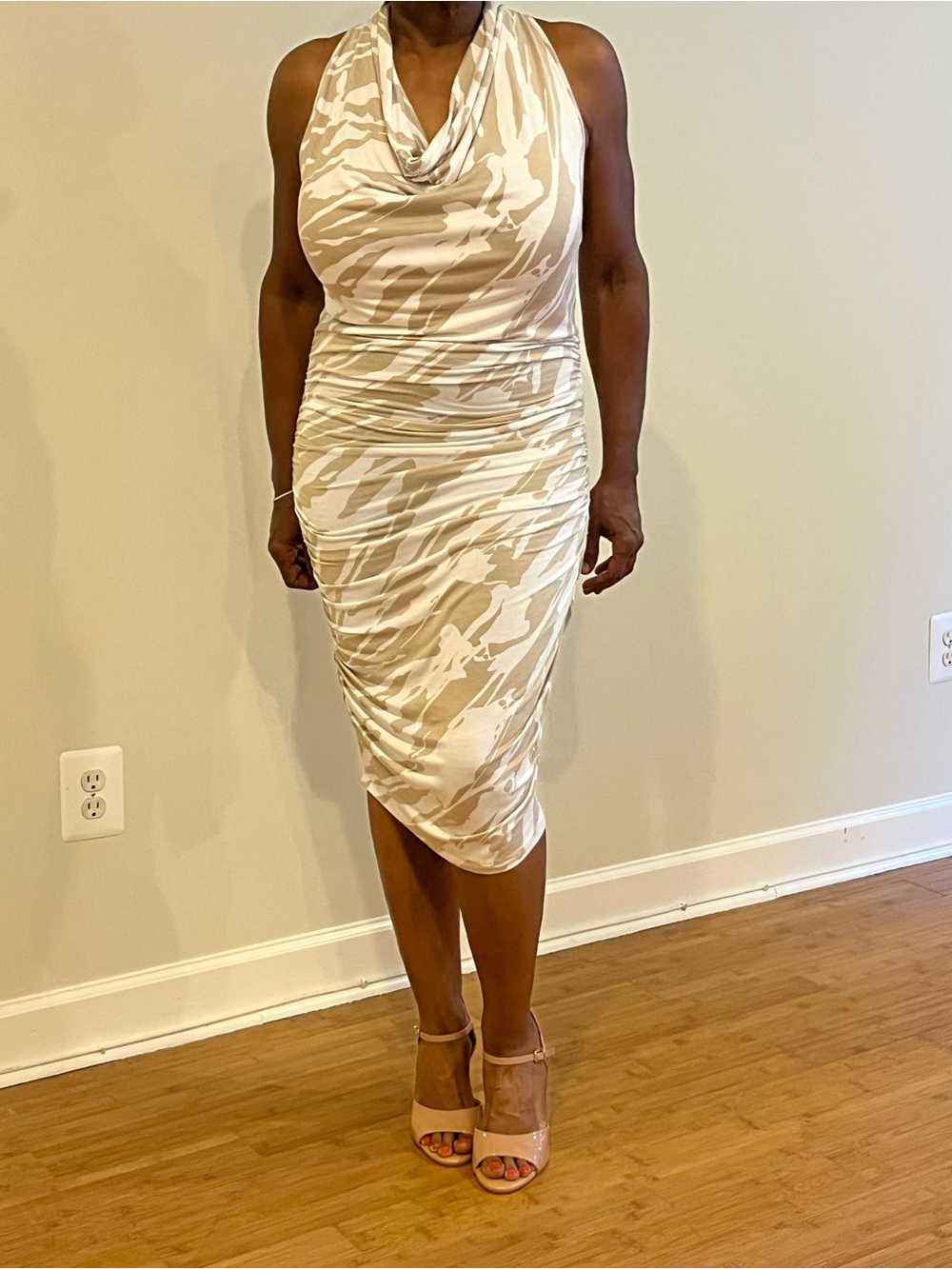 MICHAEL Michael Kors Beige and White Cowl Neck Draped Midi Dress